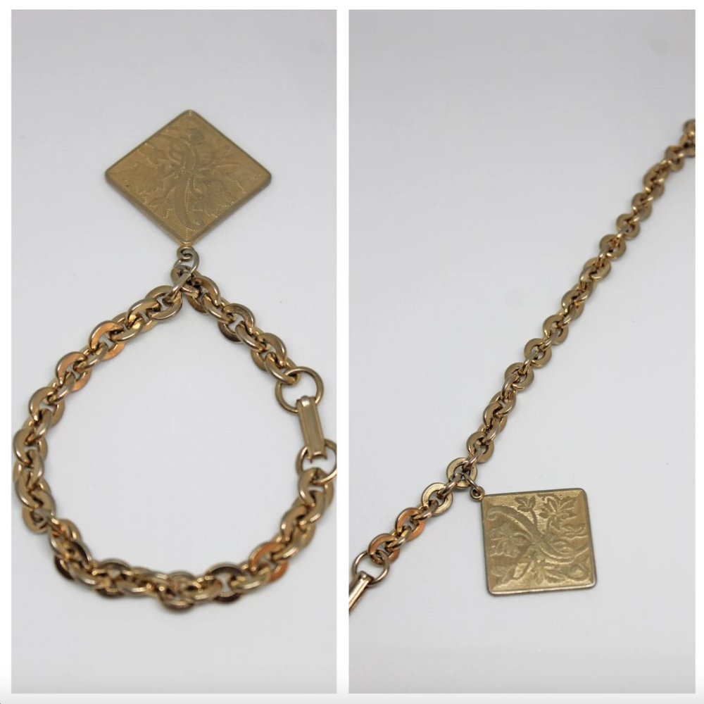 Vintage Light Gold Flat Edge Cable Chain Bracelet with Diamond Shaped Leaf Charm - Picture 2 of 8